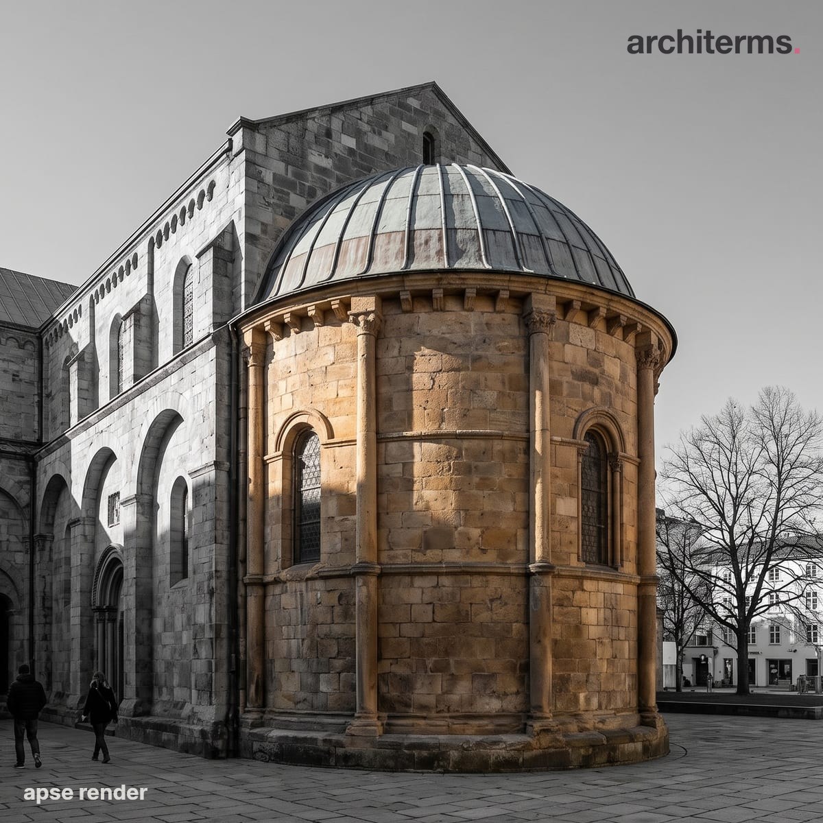 Photorealistic render of a semicircular apse at the east end of a church, its curved wall and half-dome vault glowing warm against the grey nave beyond