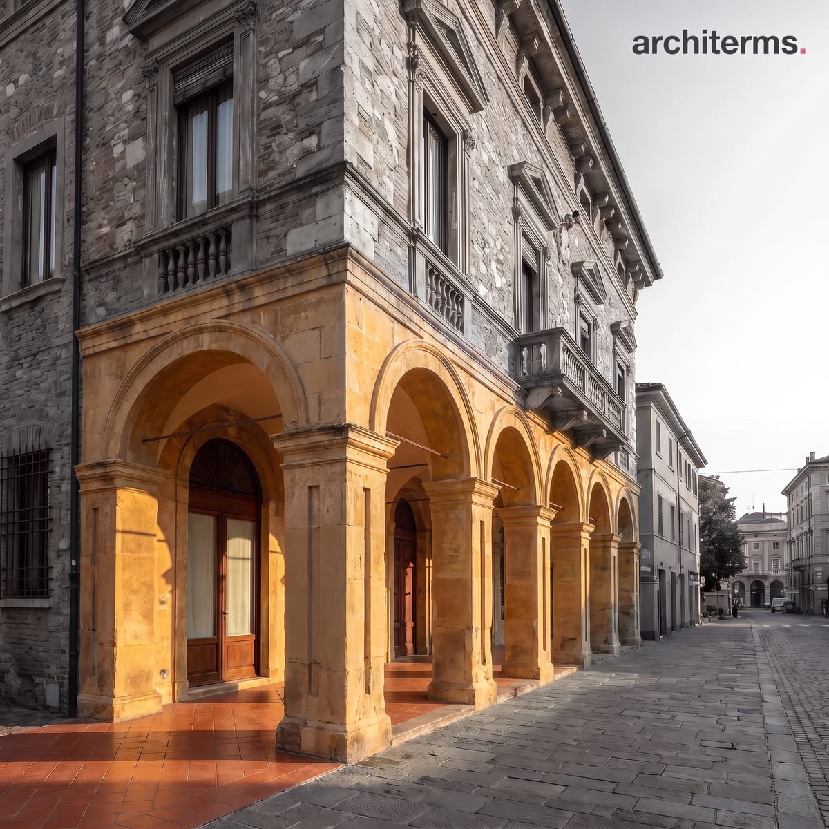 Photorealistic render of a street-level arcade, a repeating row of round arches carried on rectangular piers forming a covered walkway along a stone palazzo facade