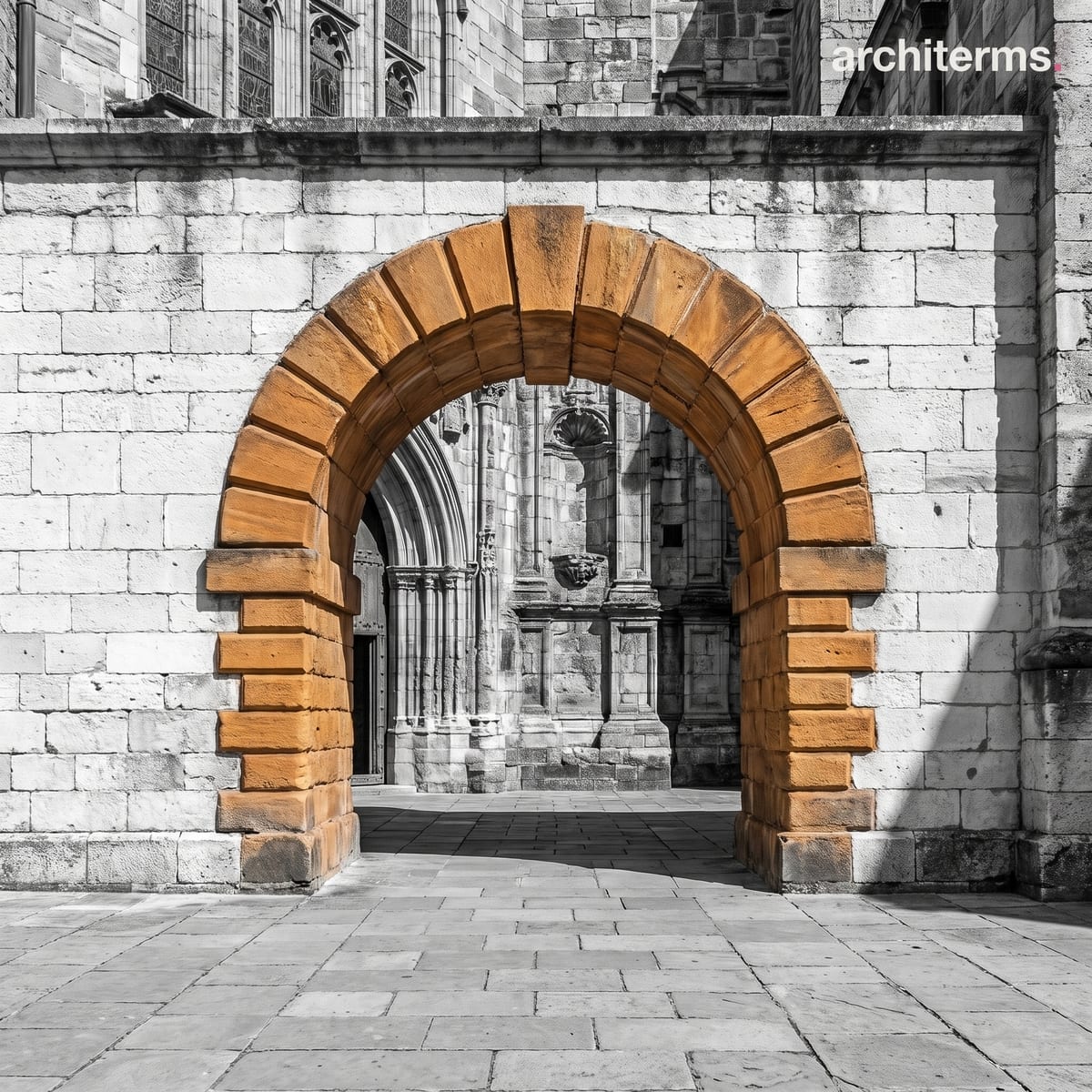Photorealistic render of a semicircular stone arch spanning an opening in an ashlar wall, its wedge-shaped voussoirs picked out in warm sandstone against grey masonry