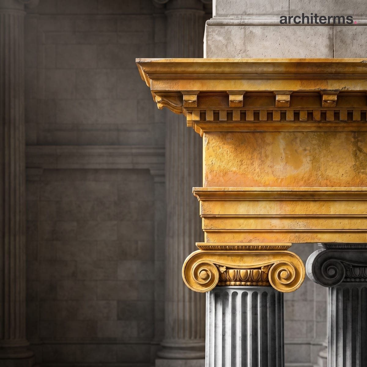 Photorealistic render of a classical entablature with the architrave resting directly on an Ionic capital, carrying the plain frieze and the dentilled cornice stacked above it