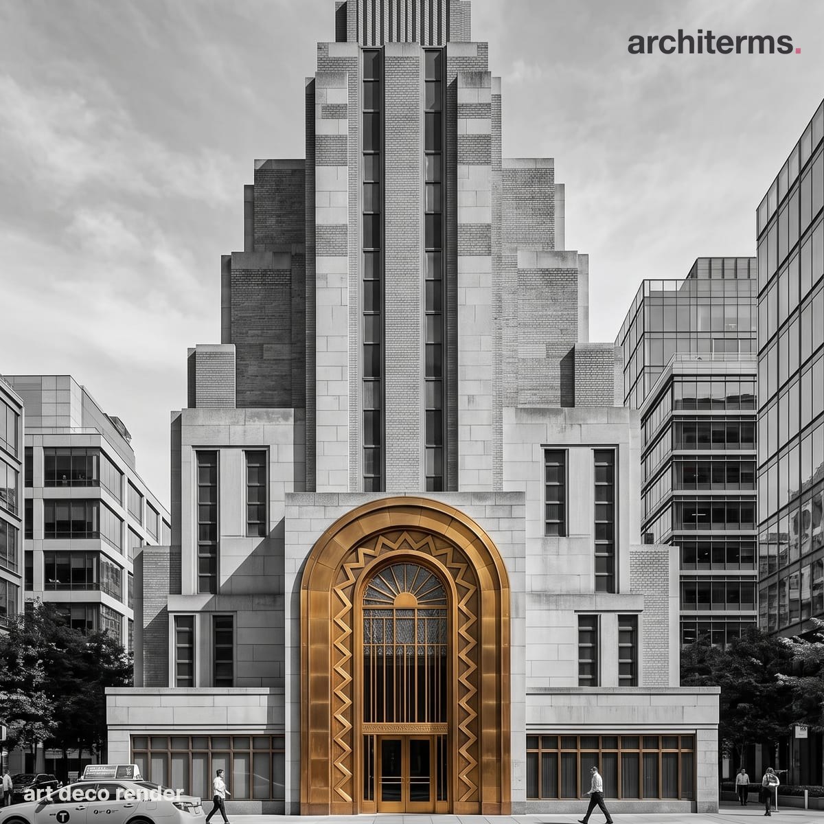 Photorealistic render of an Art Deco facade with a stepped setback crown, its zigzag reliefs and sunburst spandrels rendered in gold and cream against grey neighbours
