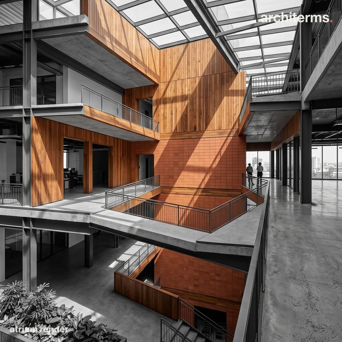 Photorealistic render of a multi-storey atrium rising through a building's core, its glazed roof and daylit central void warm-lit against grey galleried floors