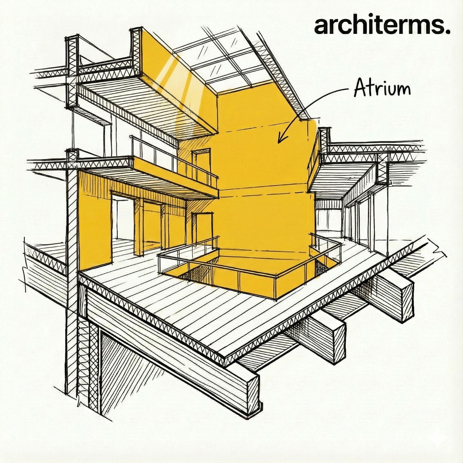 Atrium — a tall, light-filled central space rising through several floors of a building