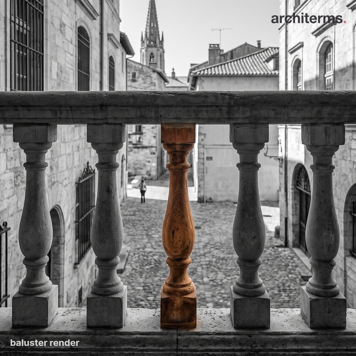 Photorealistic baluster render of a row of turned stone balusters carrying a handrail along a terrace, their vase-shaped shafts in warm cream against grey coping and paving