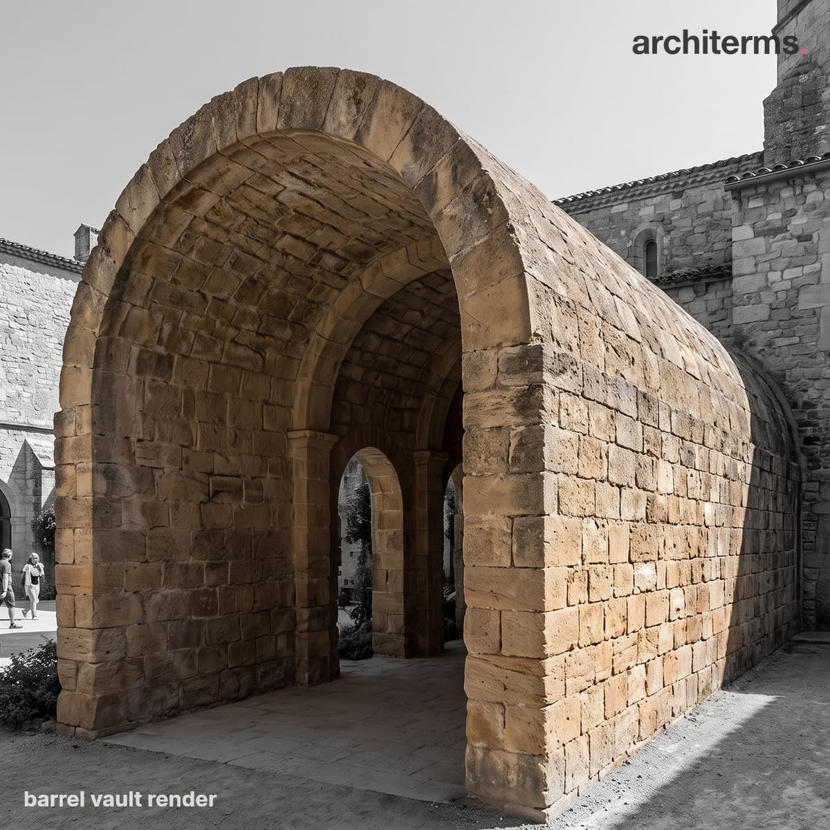 Photorealistic render of a long barrel vault, a continuous semicircular masonry ceiling in warm stone extending down a corridor of grey walls