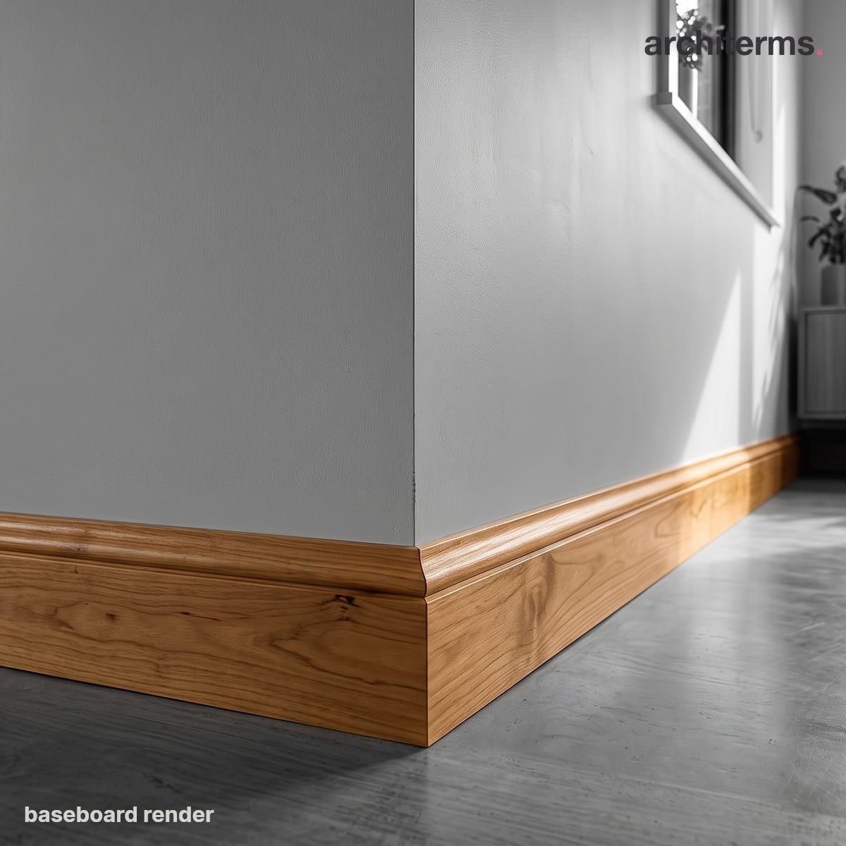 Baseboard: Photorealistic render of a wooden baseboard running along the foot of a grey interior wall, its warm timber grain turning the corner against a bare concrete floor