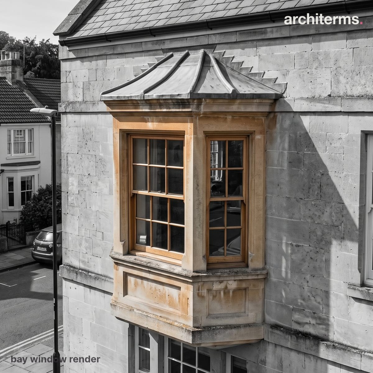 Photorealistic render of a bay window projecting from a brick facade, its three angled sashes and jutting alcove picked out in warm colour against the grey wall