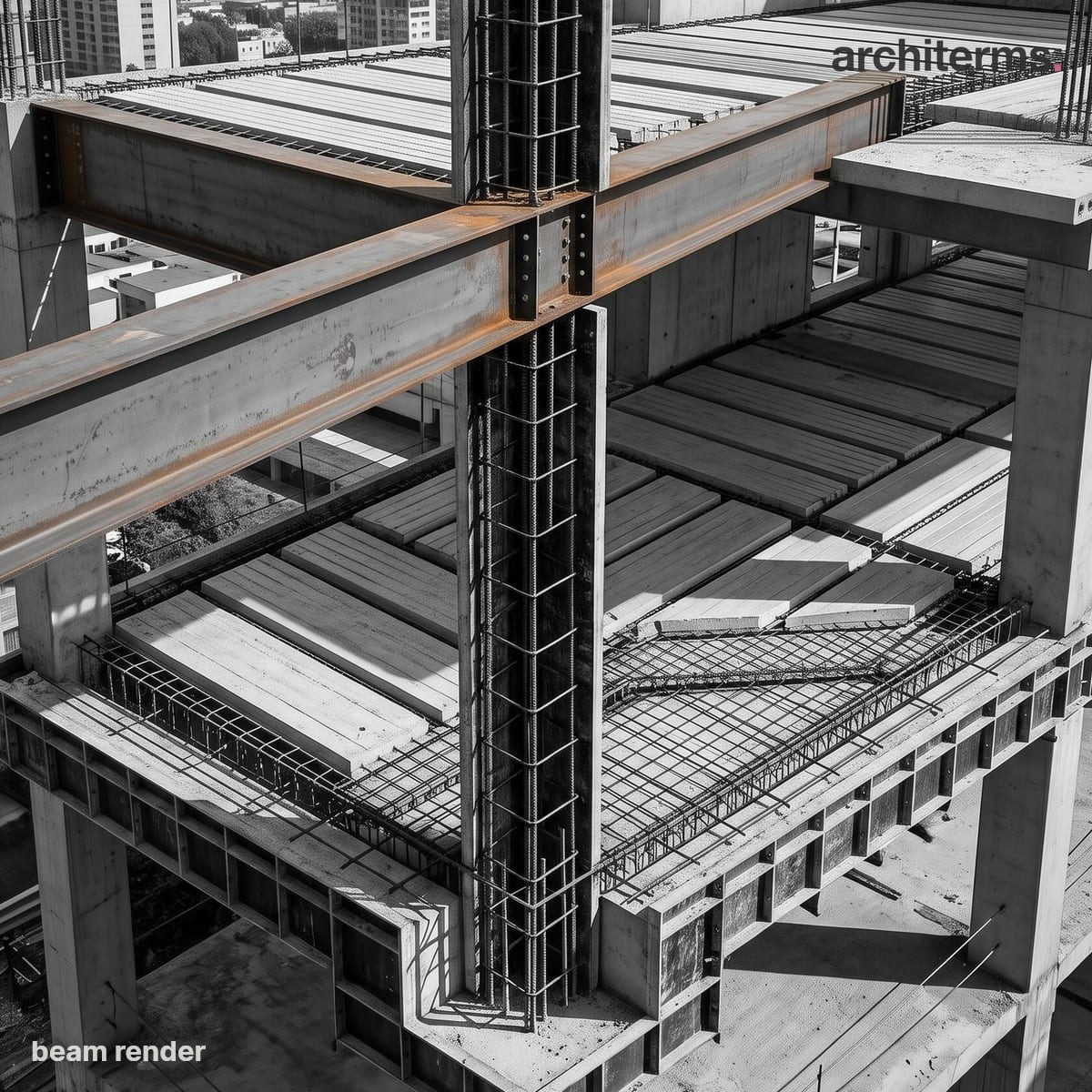 Photorealistic render of a steel I-beam spanning between two masonry piers, the beam picked out in warm rusted colour against the grey walls and floor structure it supports