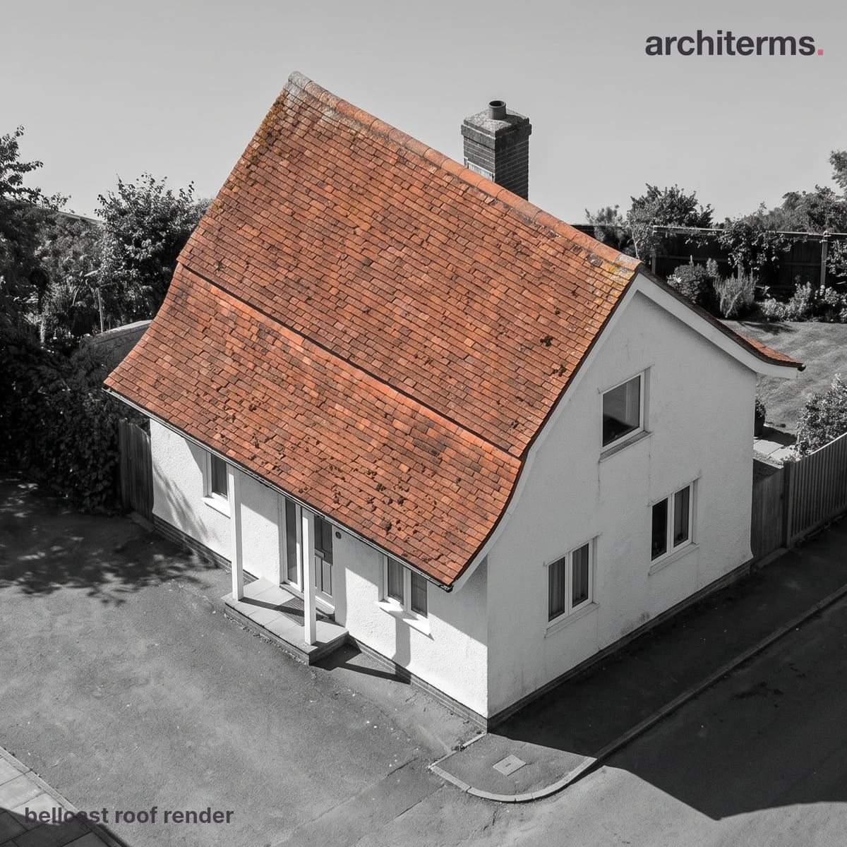 Photorealistic render of a bellcast roof whose lower slope flares outward over the eaves, the curved bell-shaped section in warm slate against a grey facade