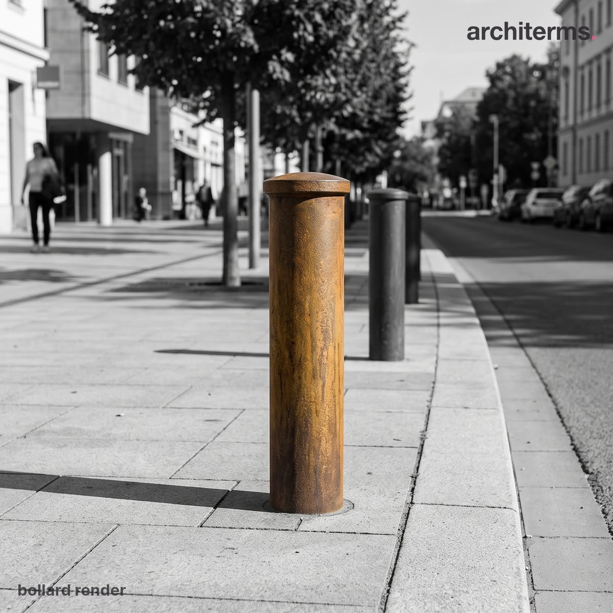Bollard: Photorealistic render of a short weathered-steel bollard set into a paved footpath at a kerb edge, rendered in rusty orange against a grey street