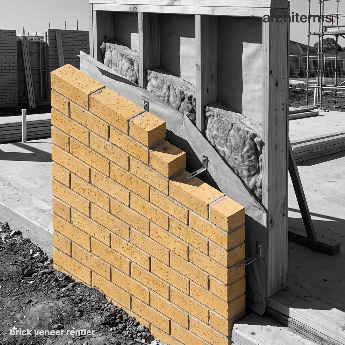 Photorealistic render of a wall cutaway showing a single course of red brick veneer standing off a grey timber-framed structural wall, with a cavity and metal ties between them