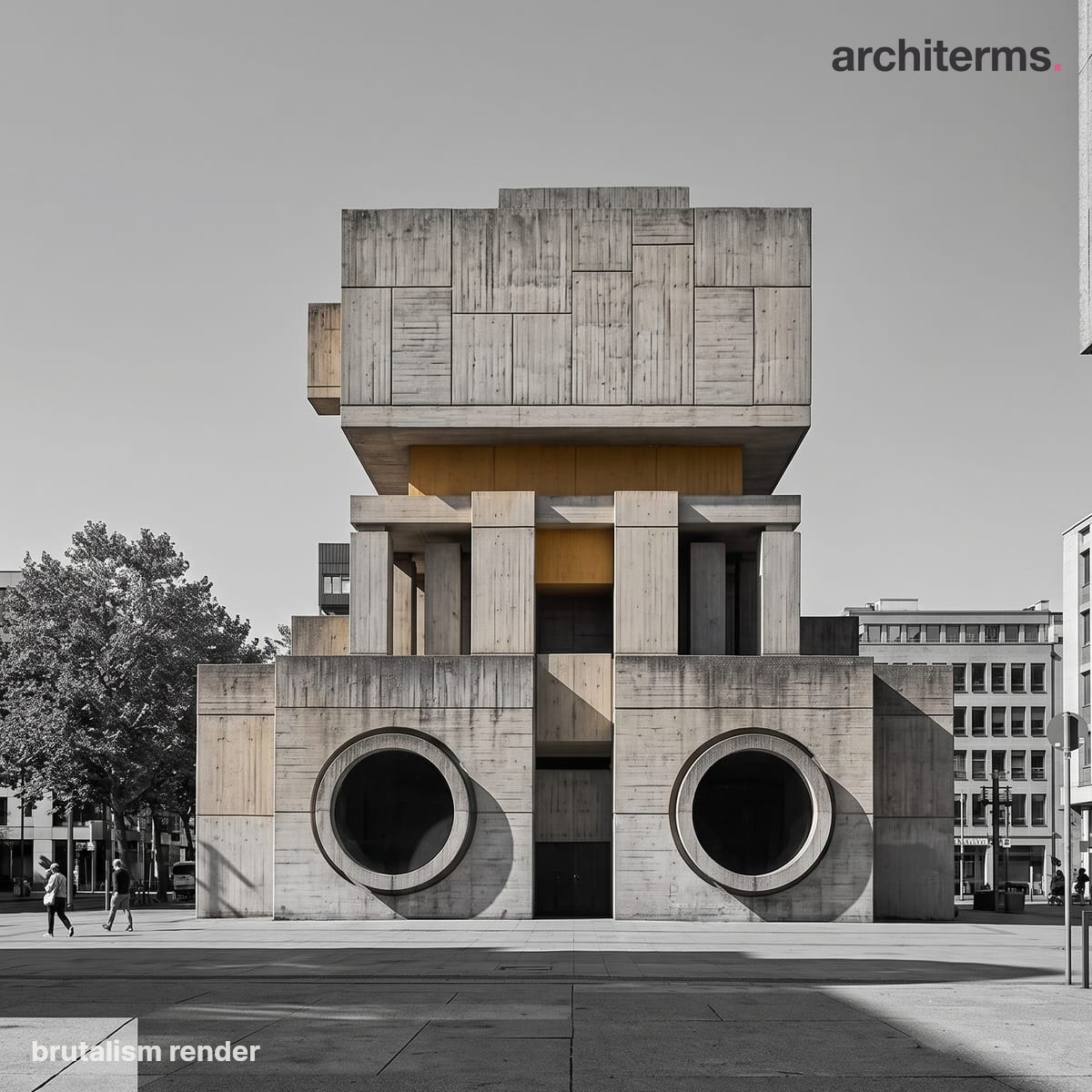 Photorealistic Brutalism render of a monumental Brutalist building, its stacked and cantilevered raw concrete volumes in full colour against a greyscale sky and plaza