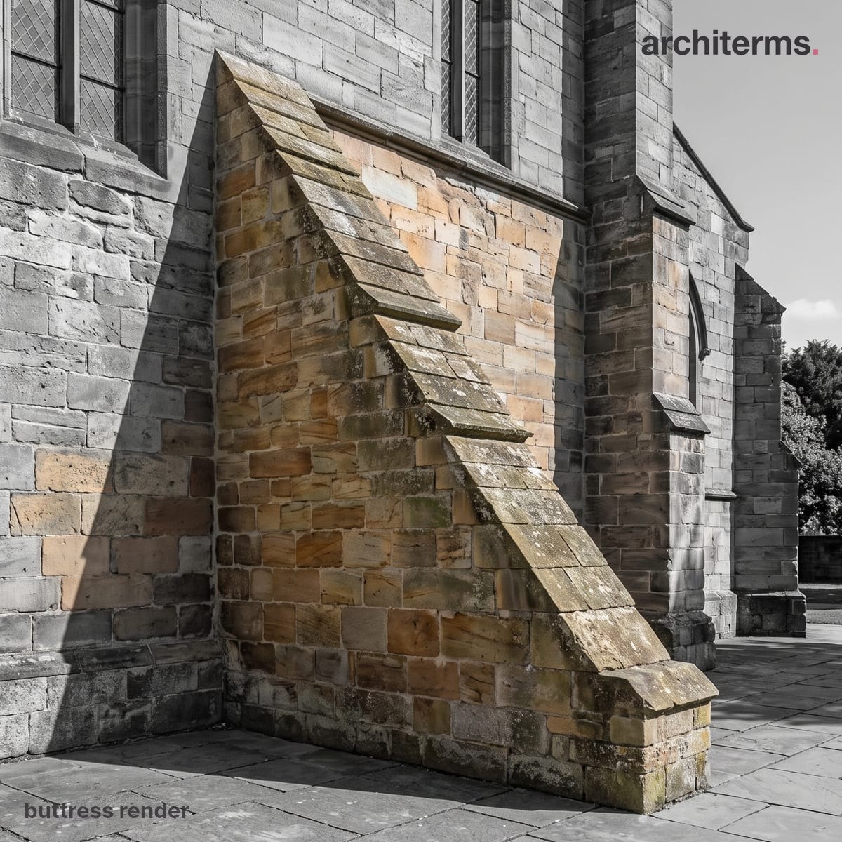 Photorealistic render of a stepped stone buttress projecting from a masonry church wall, the deep pier picked out in warm sandstone against the grey wall behind