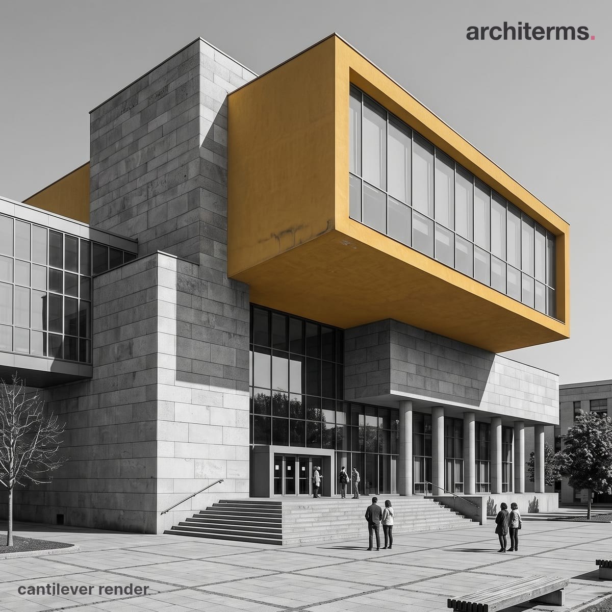 Photorealistic cantilever render of a concrete balcony cantilevering from a building facade, the projecting slab in warm colour against the grey wall it springs from