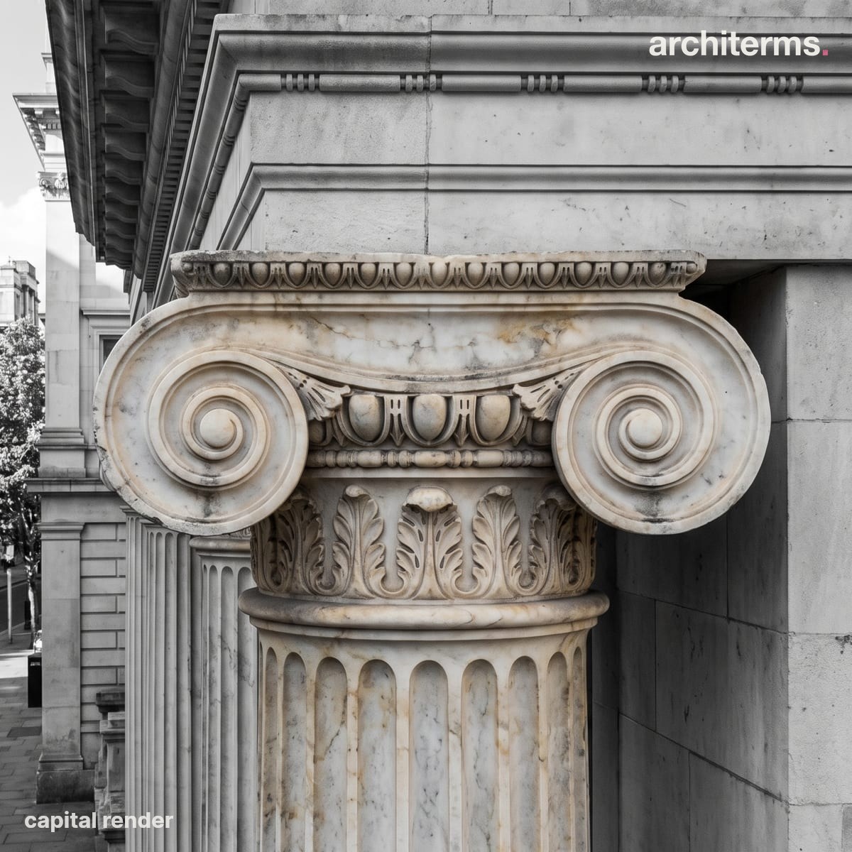 Photorealistic render of a carved Corinthian capital crowning a fluted column shaft, its acanthus-leaf detail picked out in warm stone against grey masonry