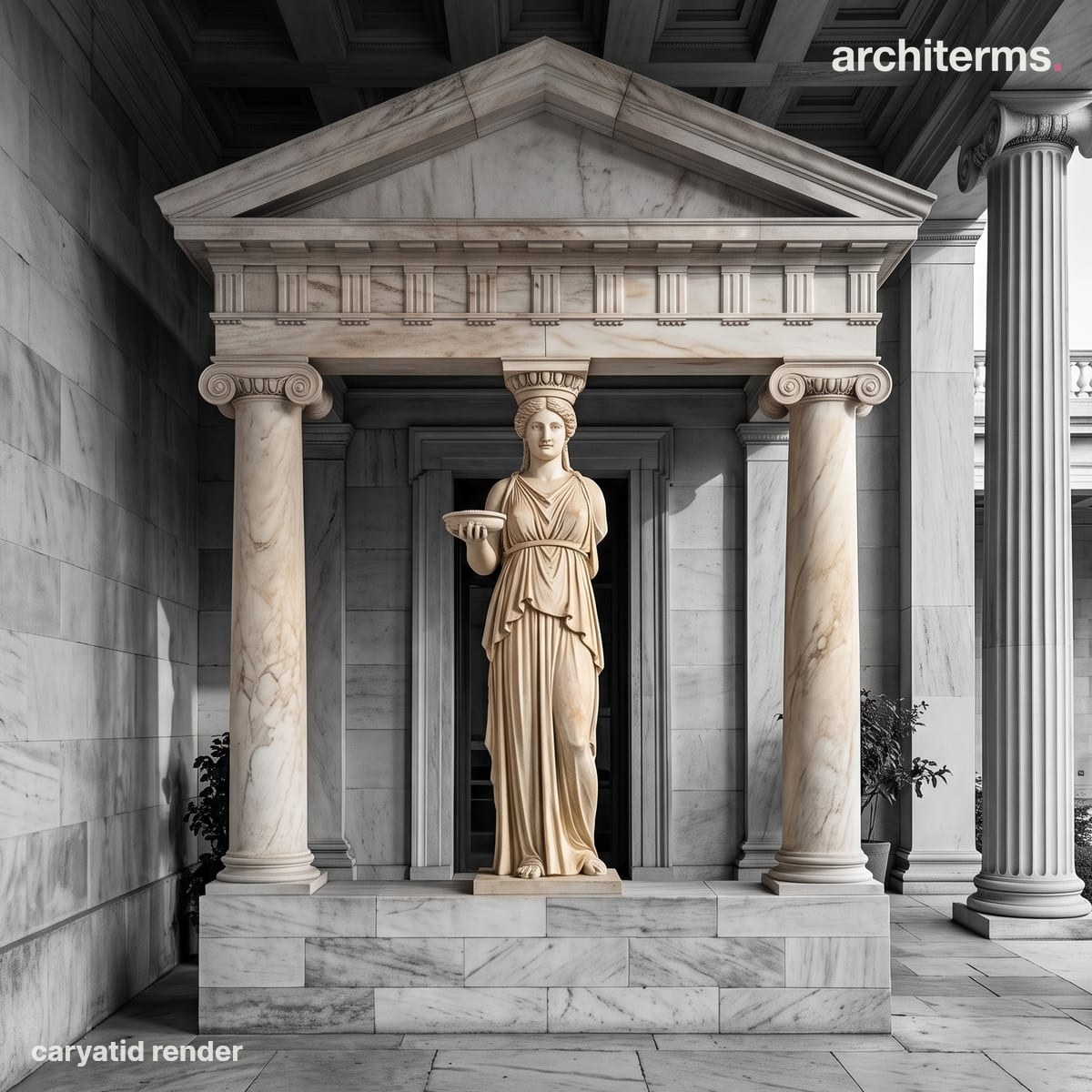 Photorealistic Caryatid render of a carved female figure standing in place of a column, her draped body in warm marble carrying an entablature against a grey portico