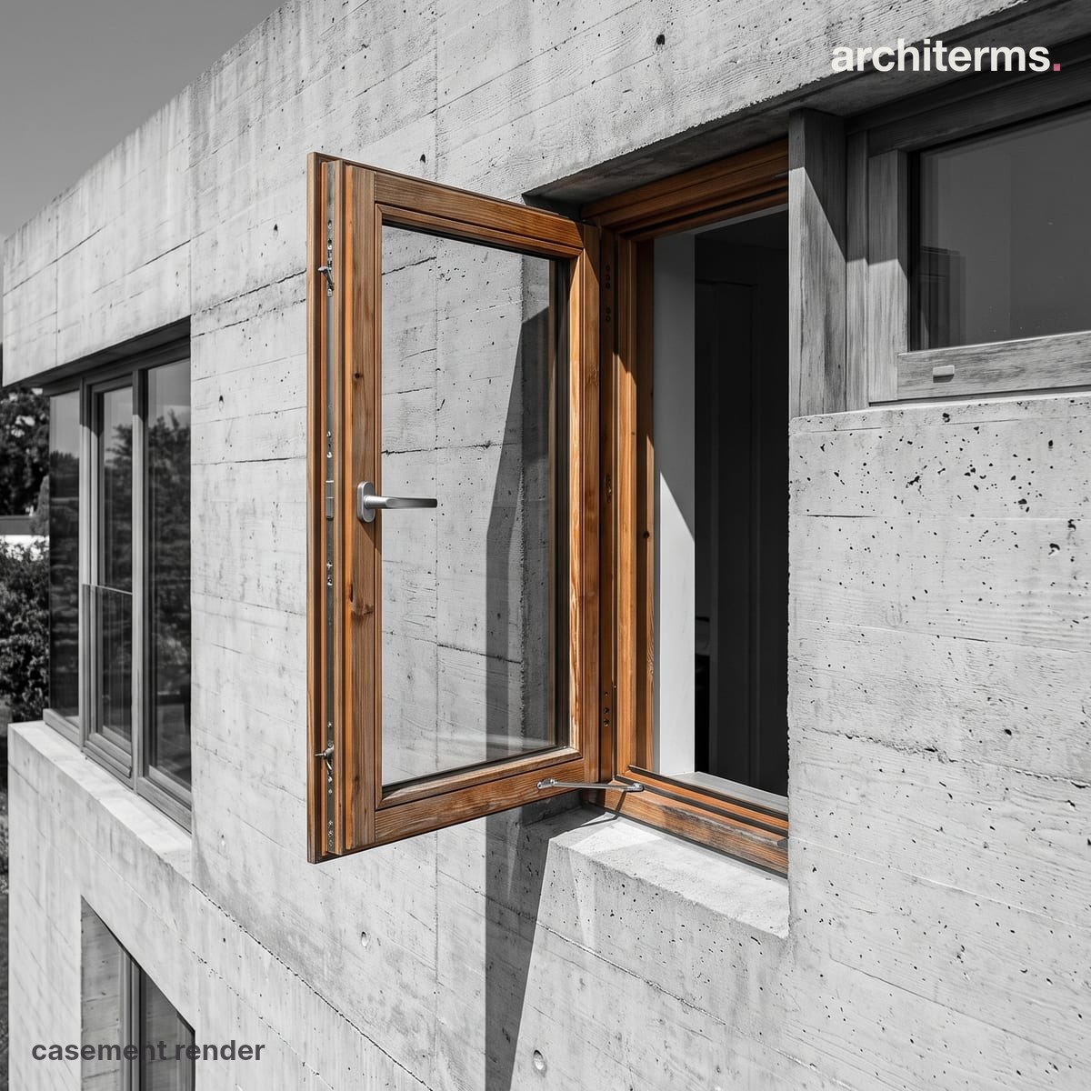 Photorealistic render of a casement window swung outward on side hinges, its timber sash and metal stay picked out in colour against a grey stone wall