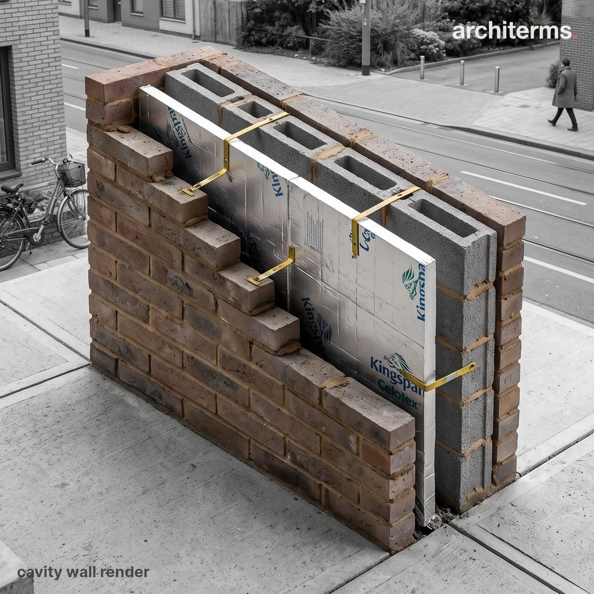Photorealistic render of a cavity wall in section, two brick leaves separated by an air gap tied with wall ties, the coloured outer leaf against grey blockwork within