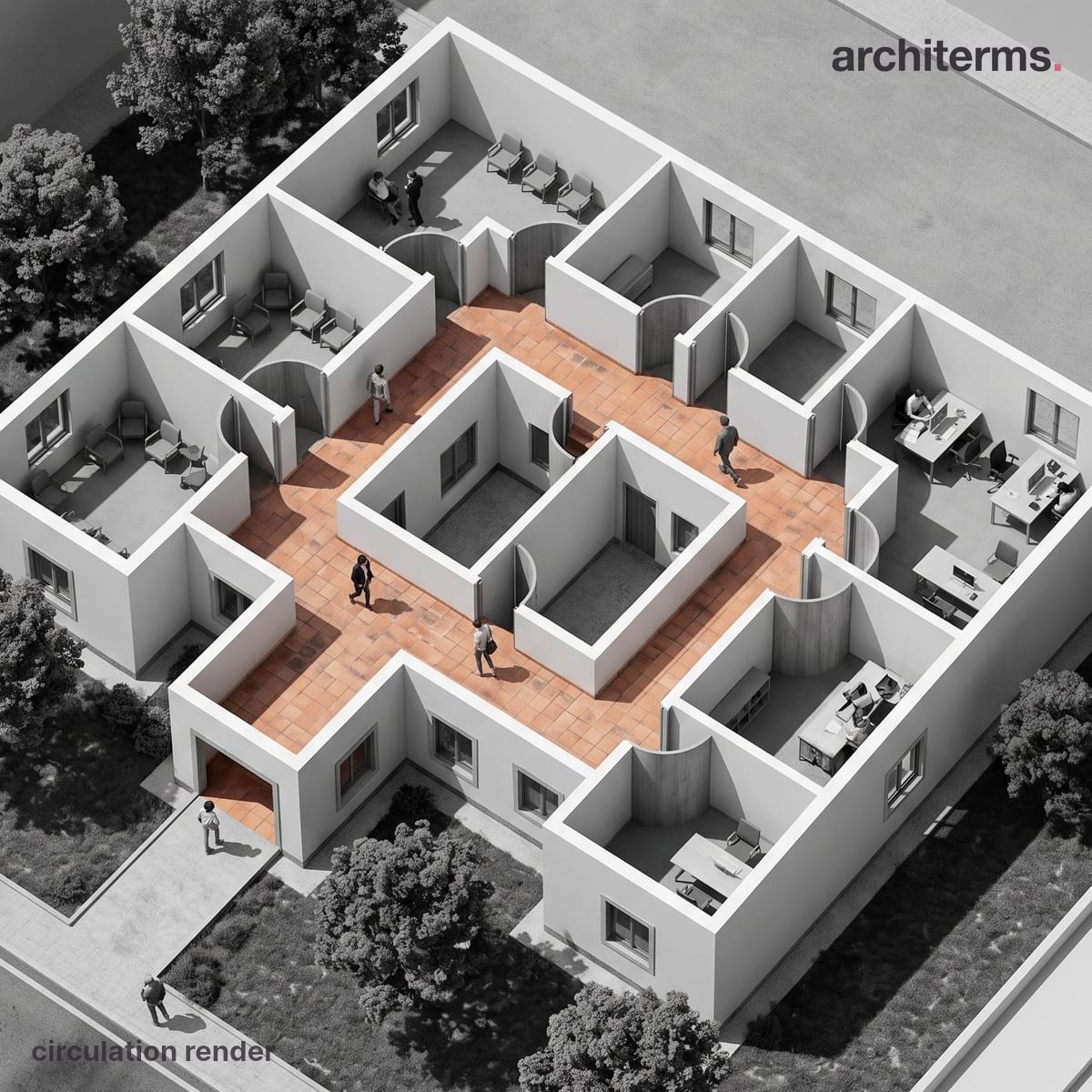 Photorealistic Circulation isometric render of a paved public square where a curving pedestrian route in warm terracotta paving cuts through grey stone paving between buildings