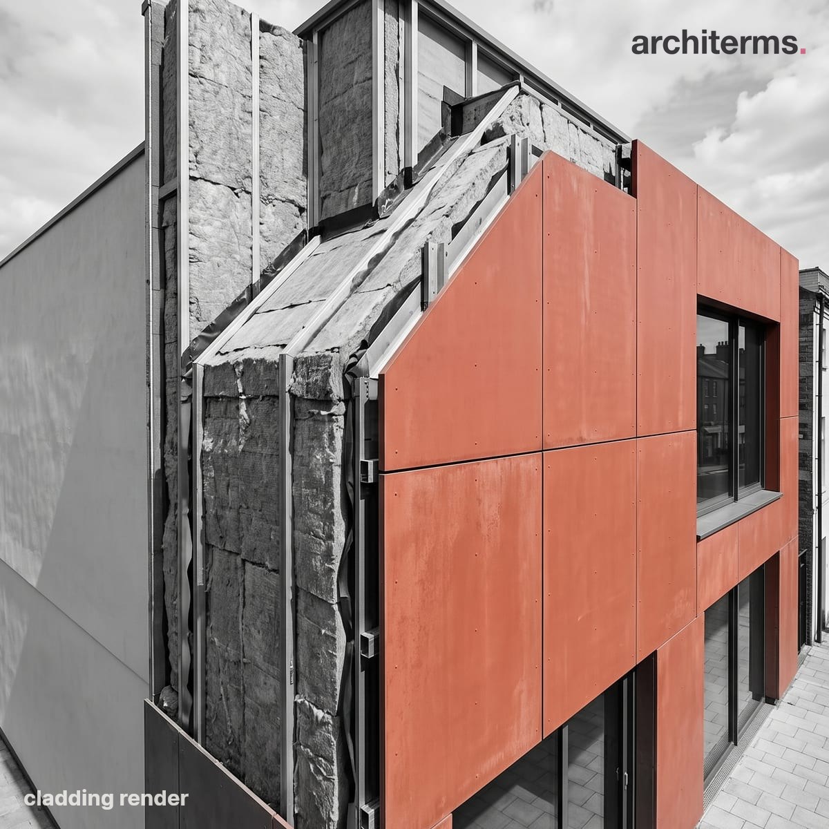 Photorealistic render of a building facade hung with rectangular metal cladding panels in warm bronze, fixed over a grey structural wall and support rails behind