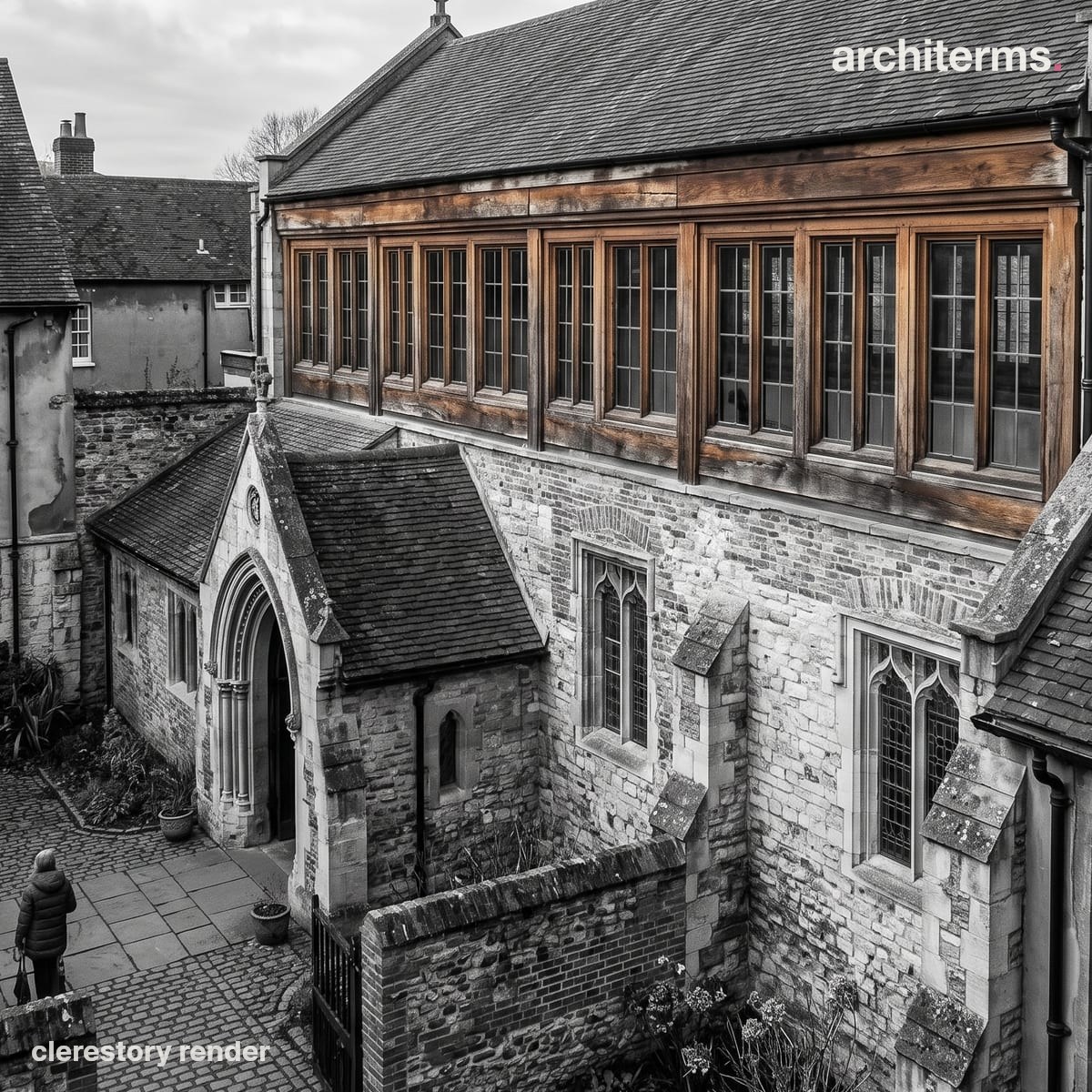 Photorealistic render of a church nave whose upper wall carries a row of arched clerestory windows in warm colour above the grey lower arcade and aisle roofs