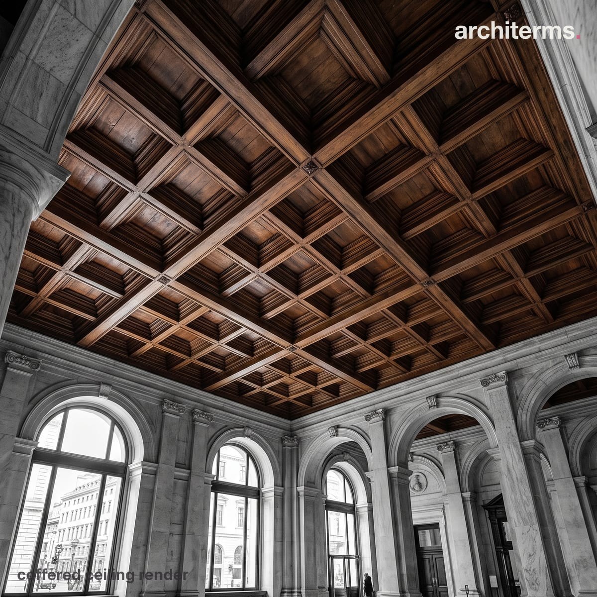 Photorealistic render of a coffered ceiling, a grid of deep sunken square panels framed by crossing beams, the recessed coffers in warm gilded tones against grey surrounds