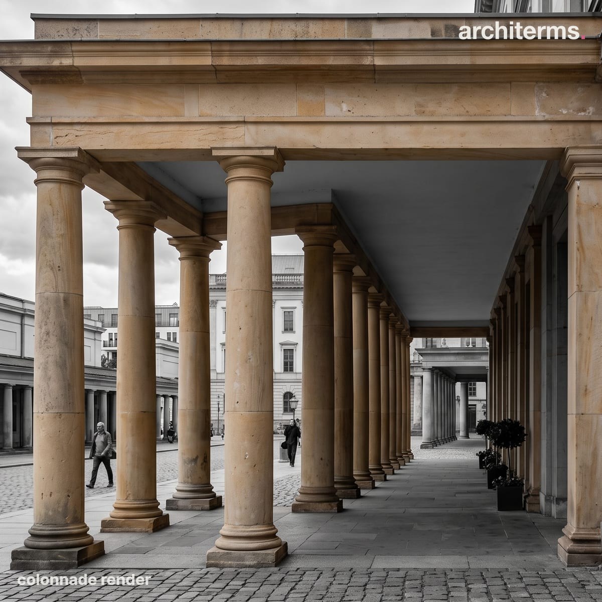 Photorealistic render of a colonnade, a straight row of freestanding columns carrying a continuous entablature, the honey-coloured stone columns set against a grey portico