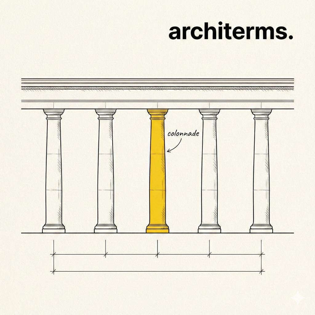 Colonnade illustration showing a row of columns supporting an entablature, forming a covered walkway or facade element in classical and modern architecture