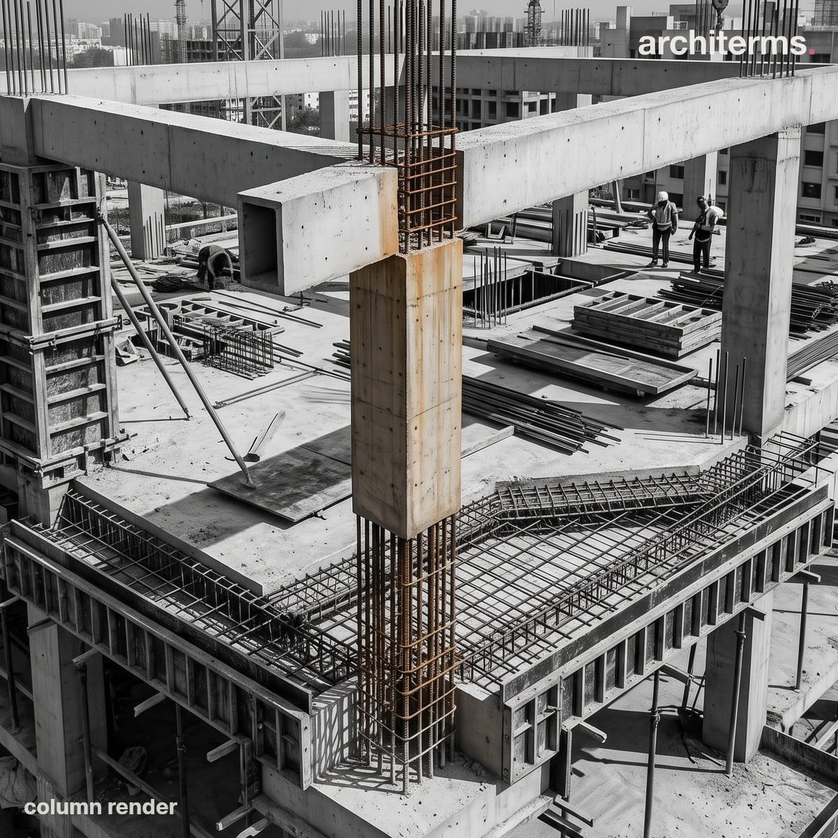 Photorealistic render of a freestanding classical column carrying an entablature, its fluted limestone shaft picked out in warm stone against a grey interior