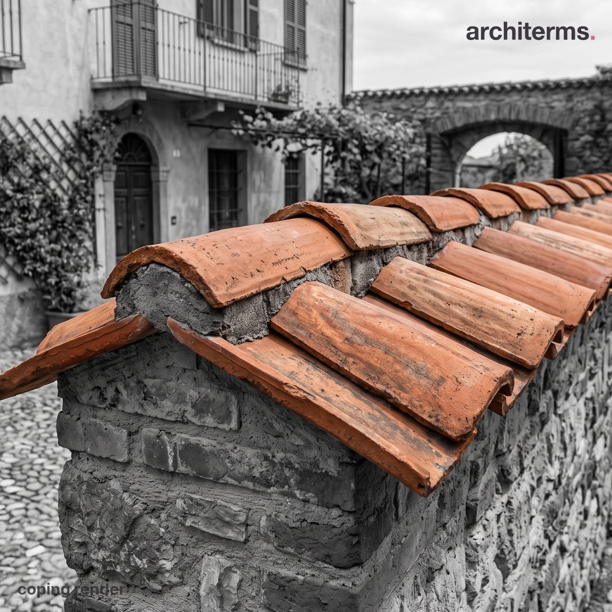 Photorealistic render of a stone coping capping a brick parapet wall, the sloped and overhanging cap stones in warm sandstone against the grey brickwork below