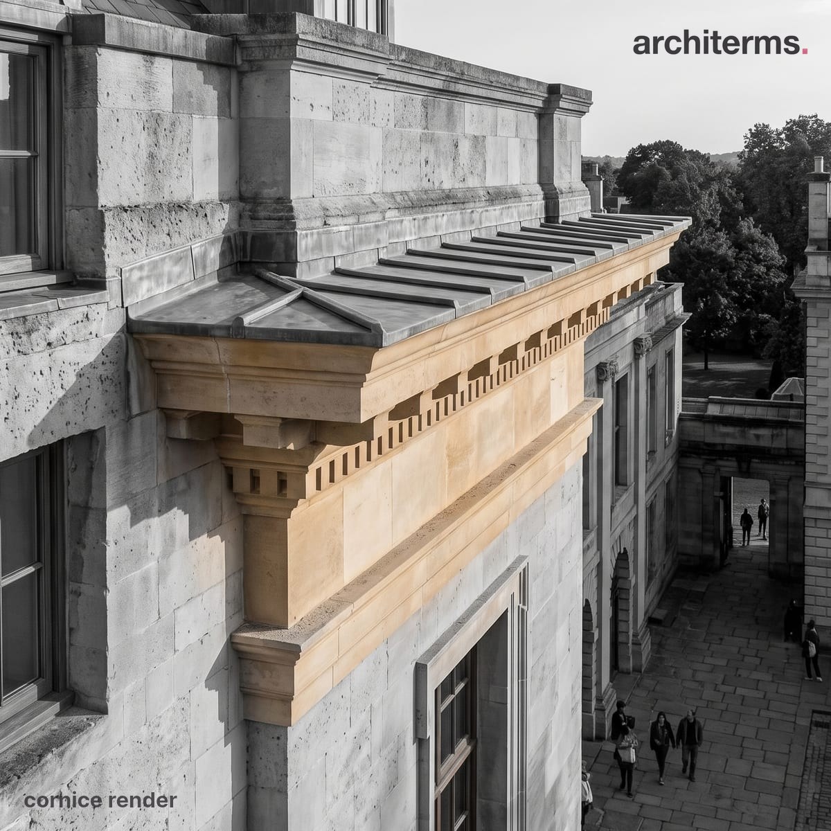 Photorealistic render of a projecting stone cornice crowning the top of an ashlar wall at the roofline, its moulded overhang picked out in warm sandstone against grey masonry
