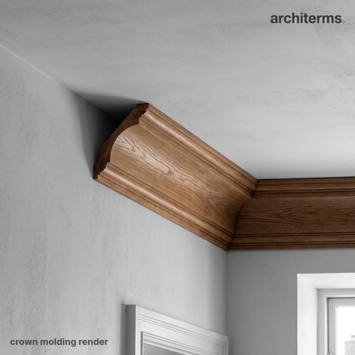Photorealistic render of a room's upper corner where a profiled crown molding bridges wall and ceiling, the trim in warm painted white against a grey wall and ceiling
