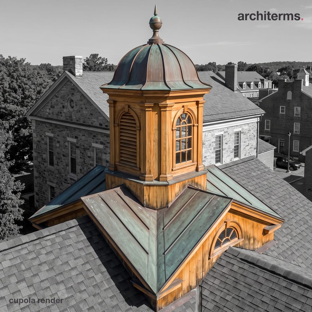 Photorealistic render of a small hexagonal cupola crowning a roof ridge, its copper-clad dome and louvred openings picked out in colour against the grey slate roof