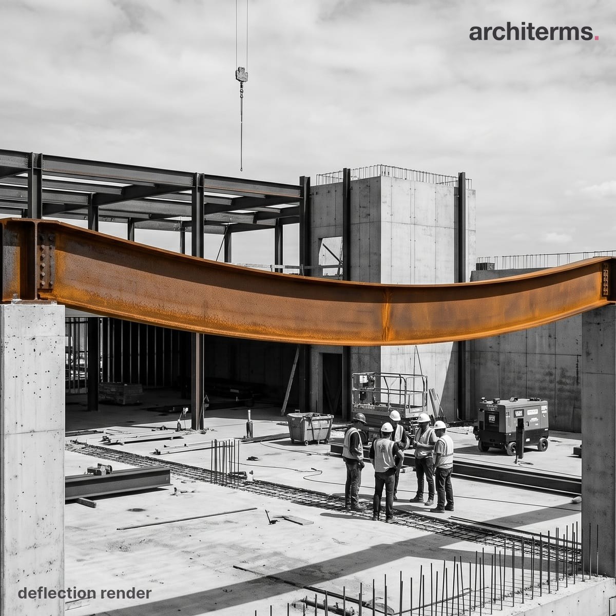 Photorealistic render of a rust-orange steel beam bowing between bolted end connections, its deflection under load clearly visible against a grey construction site