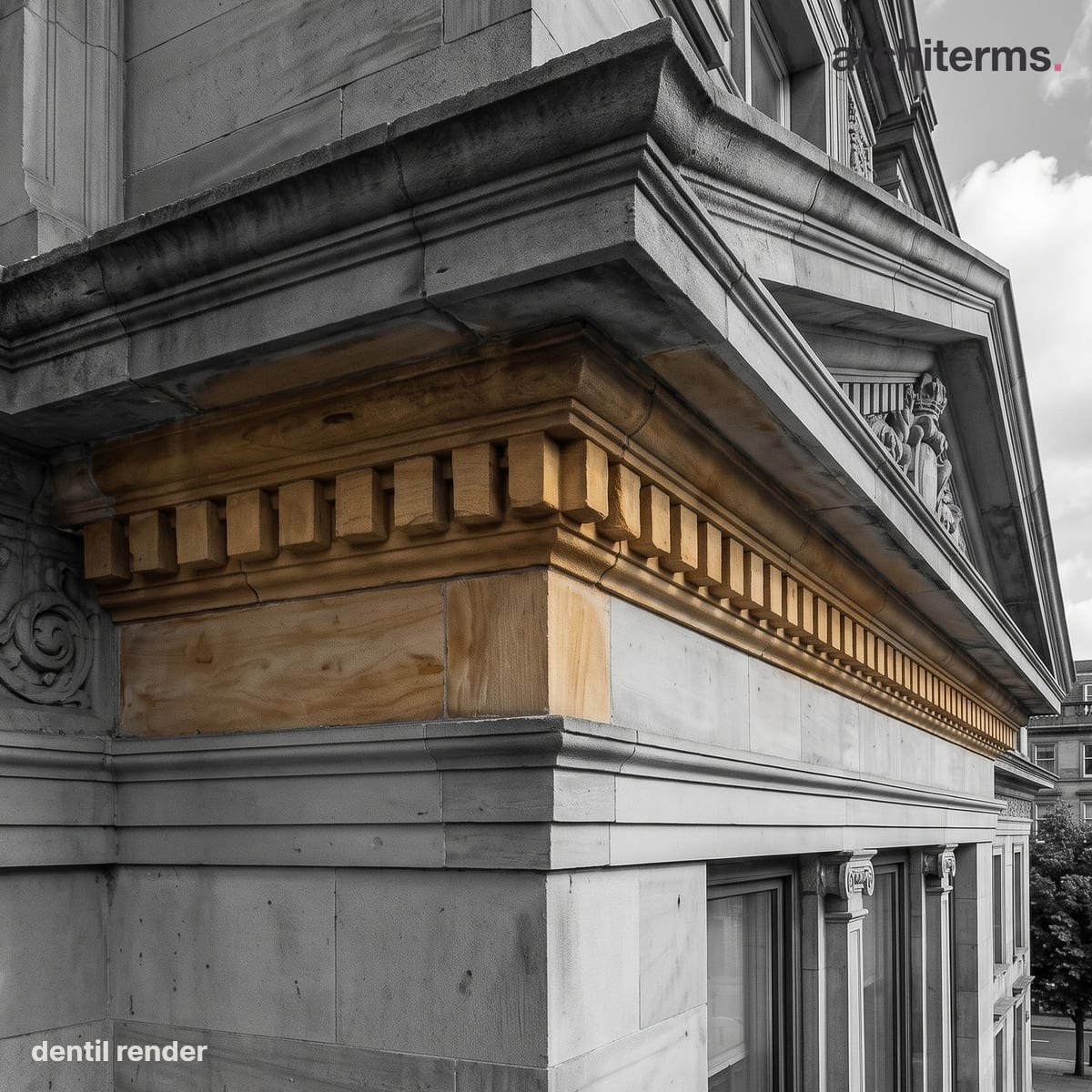 Photorealistic render of a run of small rectangular dentil blocks in warm marble beneath a classical cornice, set against a grey entablature
