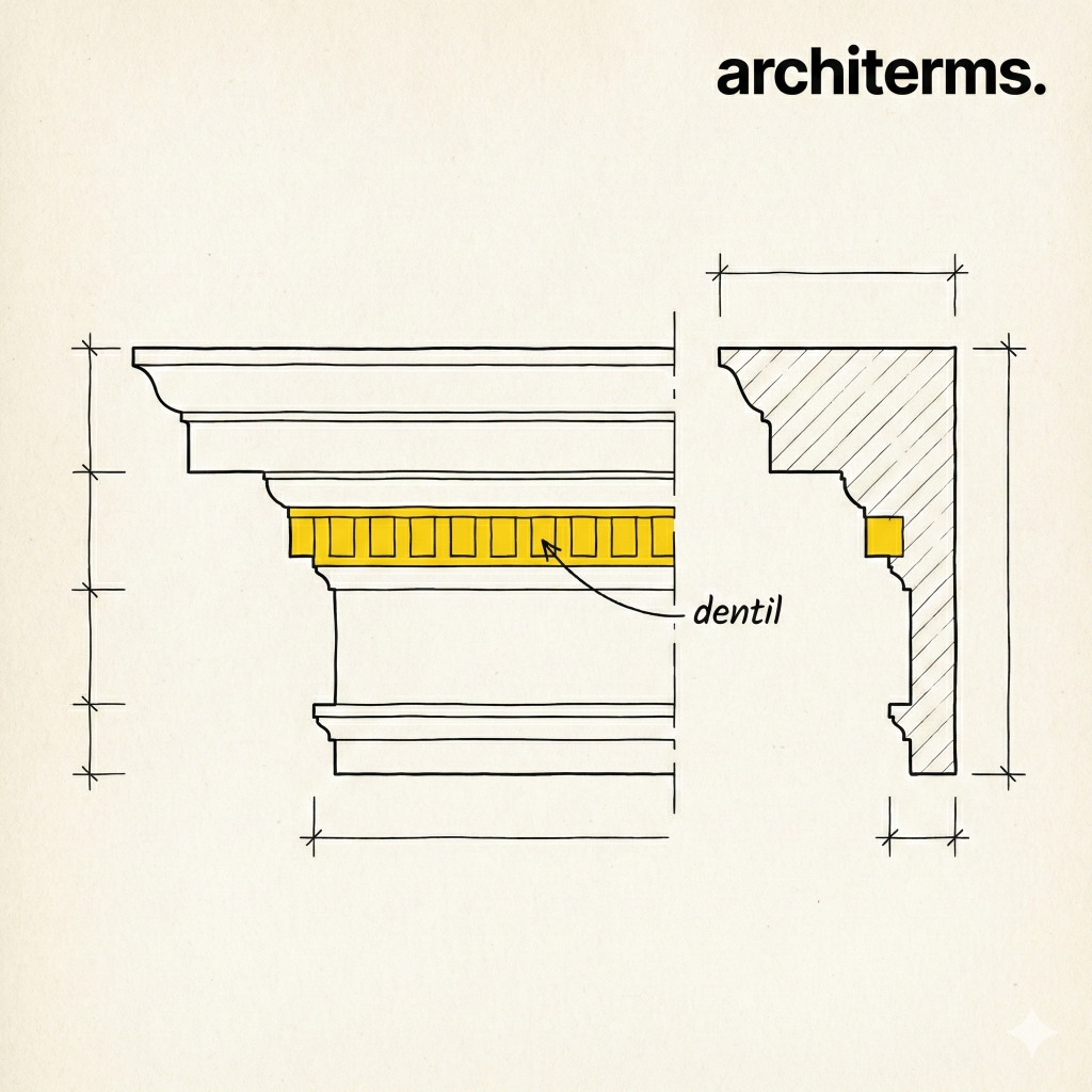 Dentil illustration showing a repeated tooth-like dentil course within a classical cornice molding profile, highlighting dentil blocks in exterior trim detail