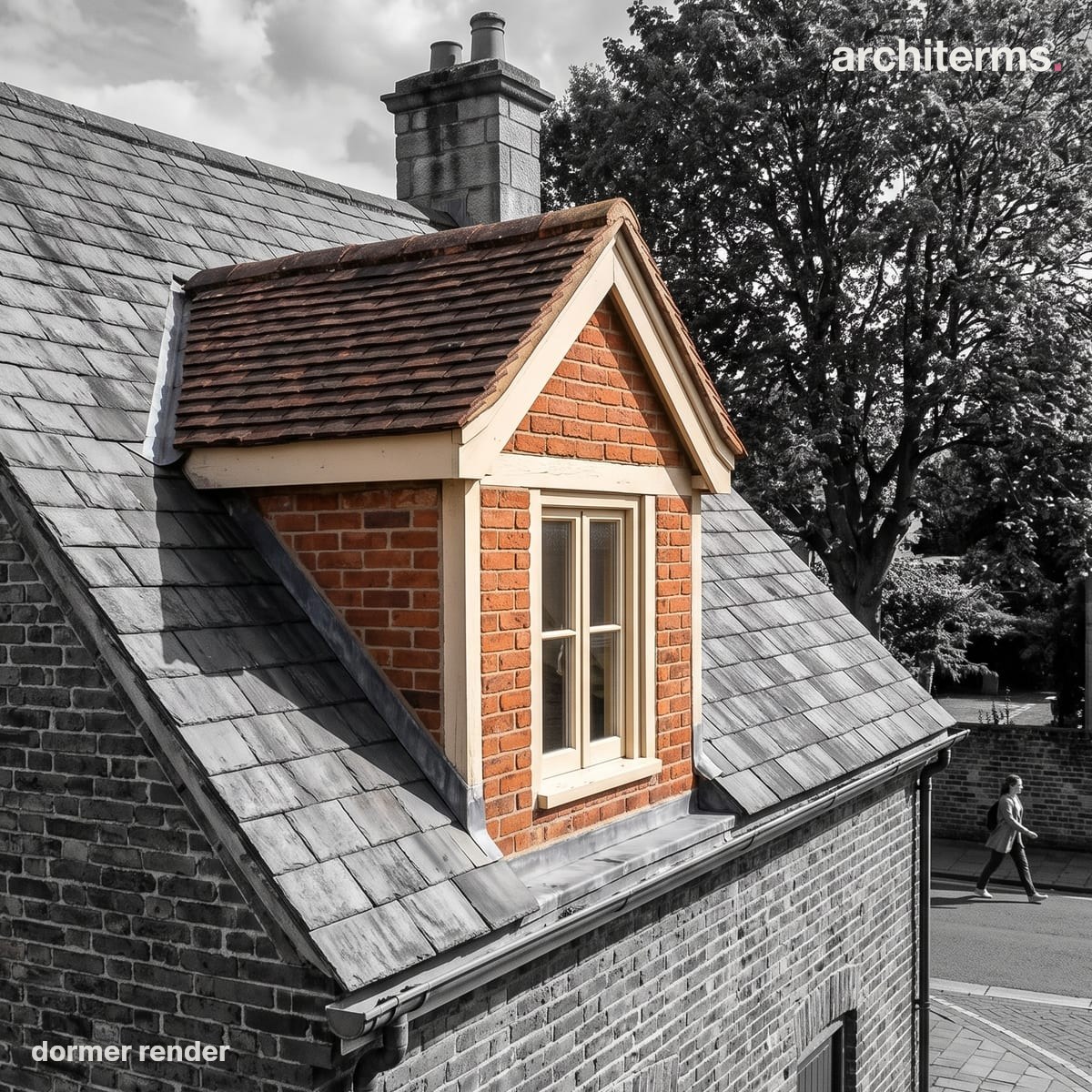 Photorealistic render of a gabled dormer projecting from a grey slate roof, its window and small pitched roof rendered in warm colour against the muted tiles