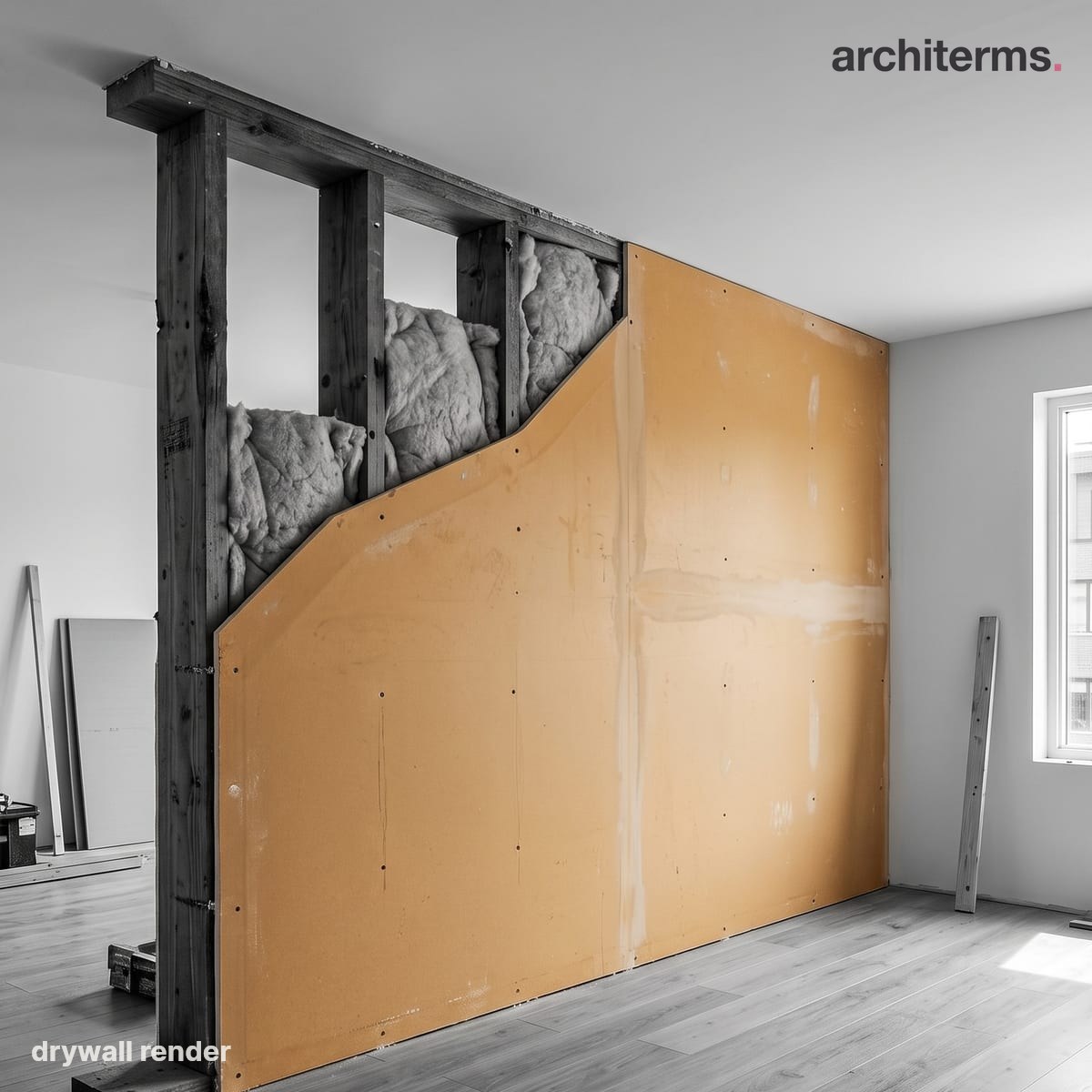 Photorealistic render of drywall panels screwed to timber studs forming an interior partition, the tan gypsum-and-paper board in colour against a grey framed room