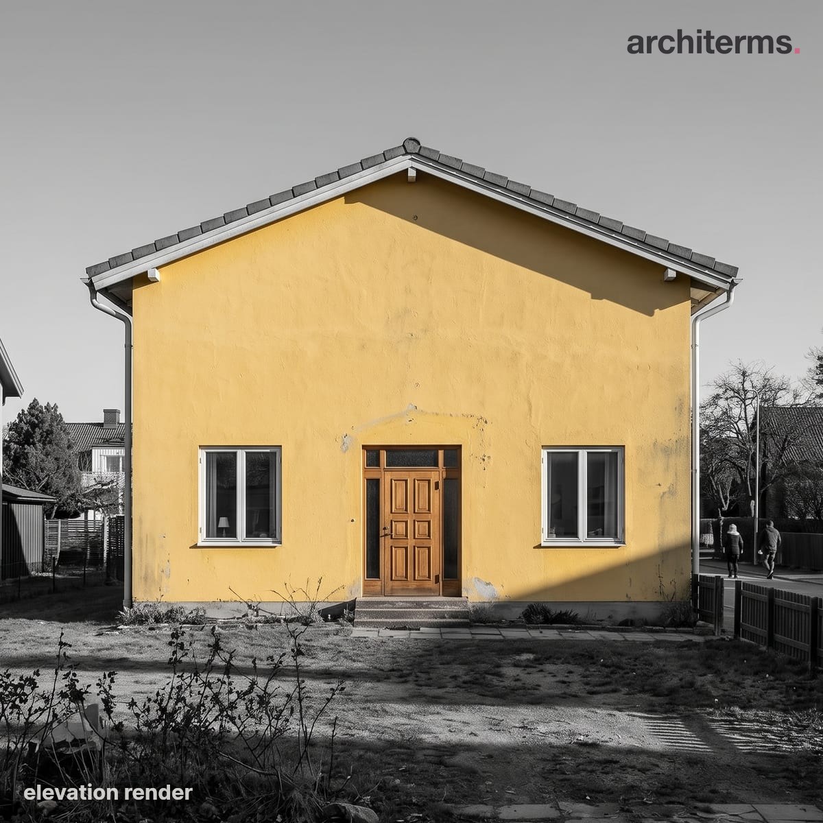 Photorealistic render of a house photographed square-on as an elevation, its yellow rendered facade and timber door in colour against a grey roof, street and sky
