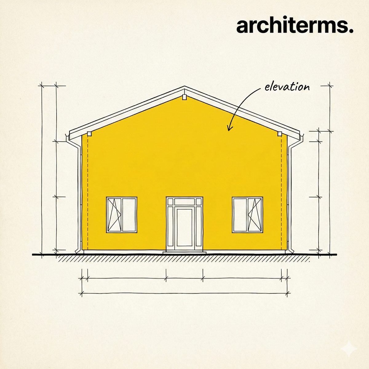 Architectural elevation drawing — orthographic exterior view showing building facade, openings and material zones