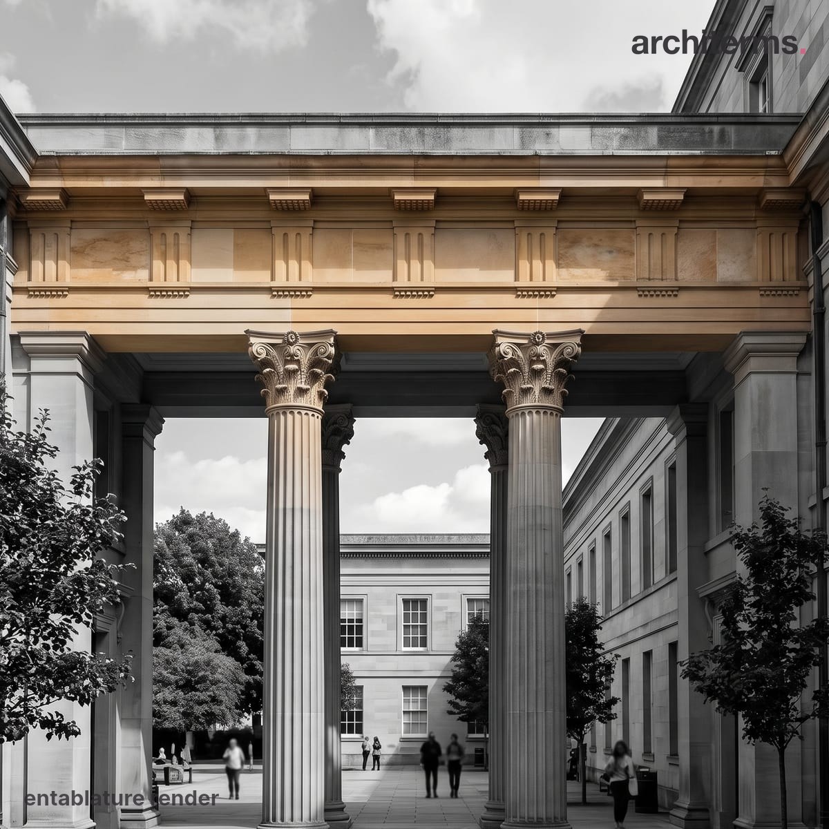 Photorealistic render of a Classical entablature crowning a row of columns, its three stacked bands of architrave, frieze and cornice in warm stone against a grey portico