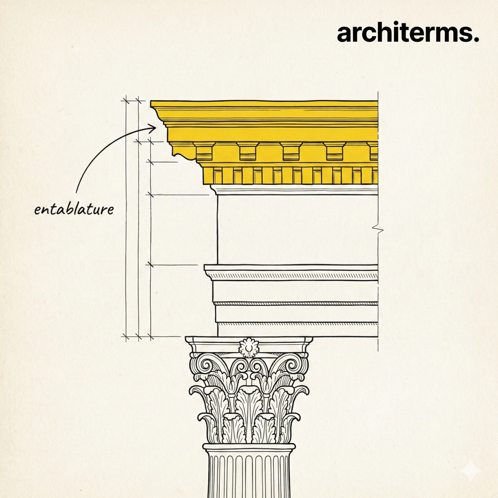 Entablature illustration showing the classical horizontal assembly above a column capital, with architrave, frieze, and cornice layers in Greek and Roman architecture