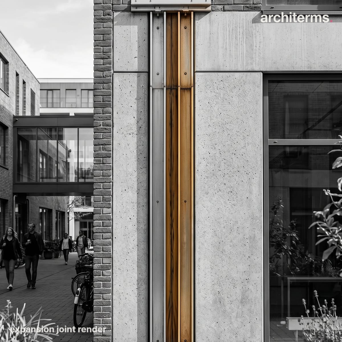 Photorealistic render of a vertical expansion joint splitting a concrete facade, the sealant-filled gap running floor to floor picked out in colour against grey walls
