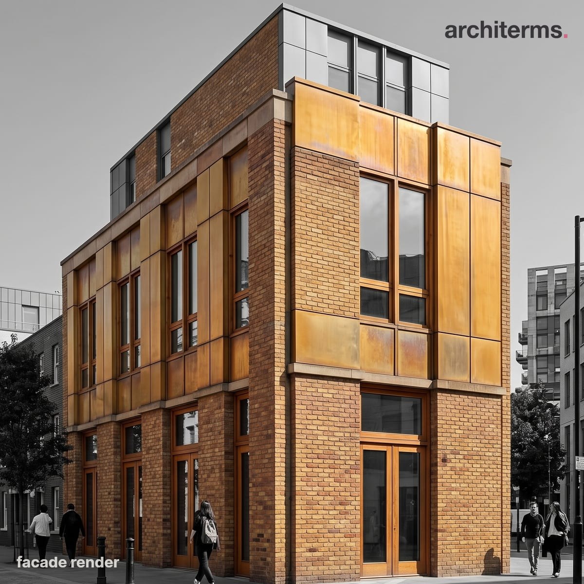 Photorealistic render of a symmetrical stone facade fronting a building, its ordered front elevation in warm colour against a grey-toned streetscape and flanking walls