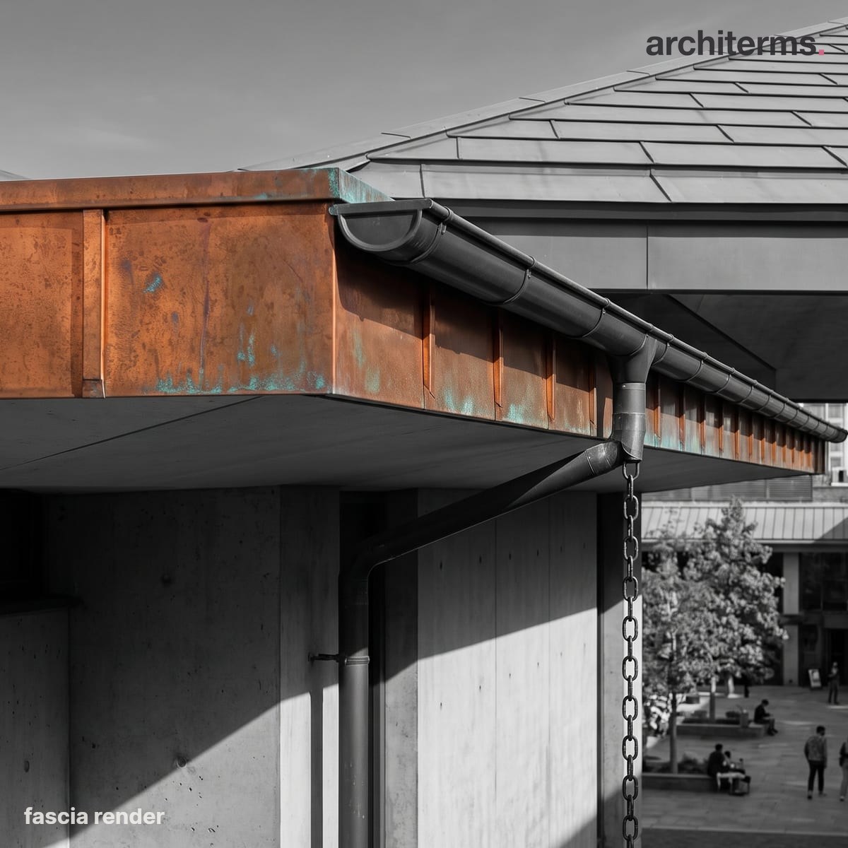 Photorealistic render of a roof eaves detail, the horizontal fascia running along the edge of the overhang in weathered copper against a grey metal roof and concrete wall