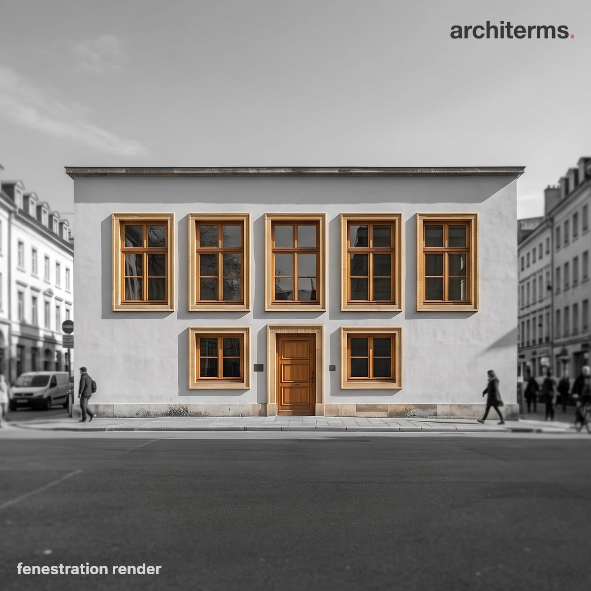 Photorealistic fenestration render of a regular grid of tall windows across a rendered facade, the glazed openings in full colour against the grey wall