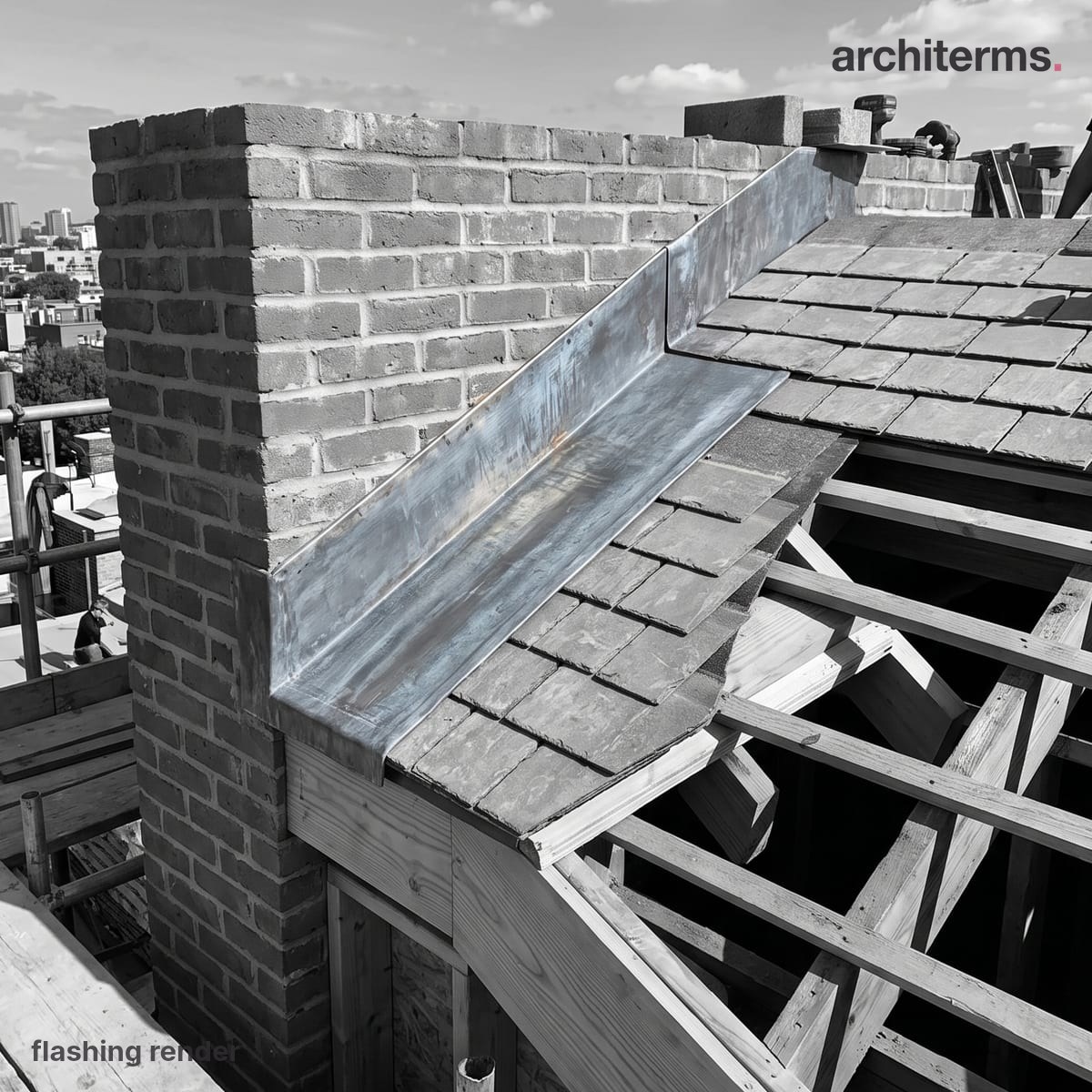 Photorealistic render of a metal flashing along the joint where a slate roof abuts a grey brick wall, standing up against the brickwork and lapping out over the slates below