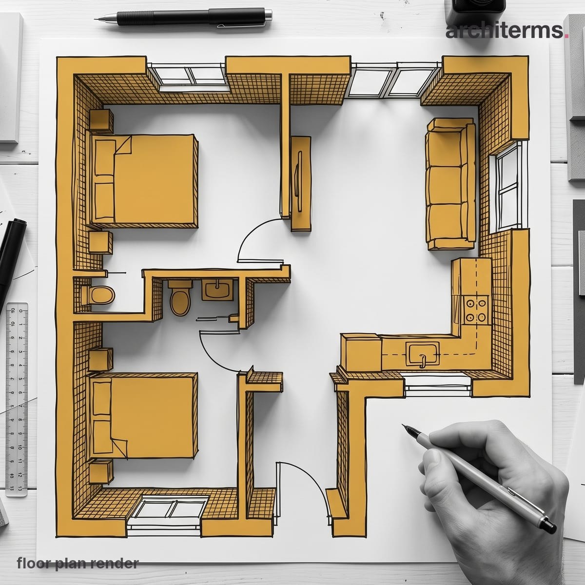 Floor Plan: Photorealistic render of a hand-drawn floor plan on a desk, its walls, beds, sofa and kitchen fittings coloured warm ochre against a grey sheet