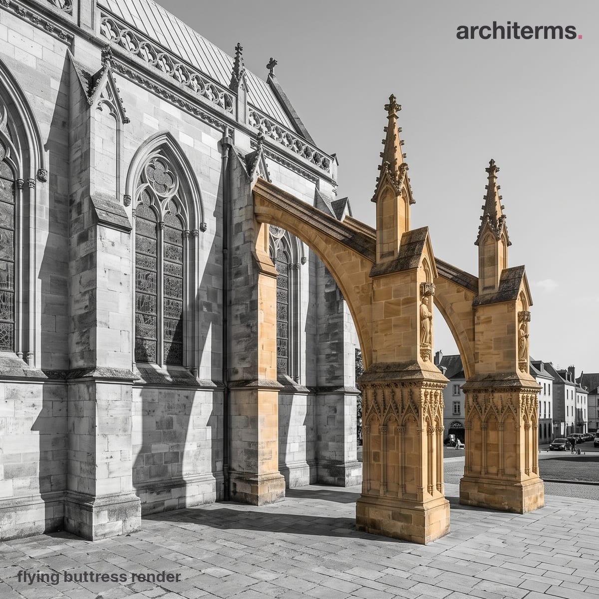 Photorealistic render of a Gothic cathedral flank with an arched flying buttress in warm limestone leaning against a grey wall above tall windows
