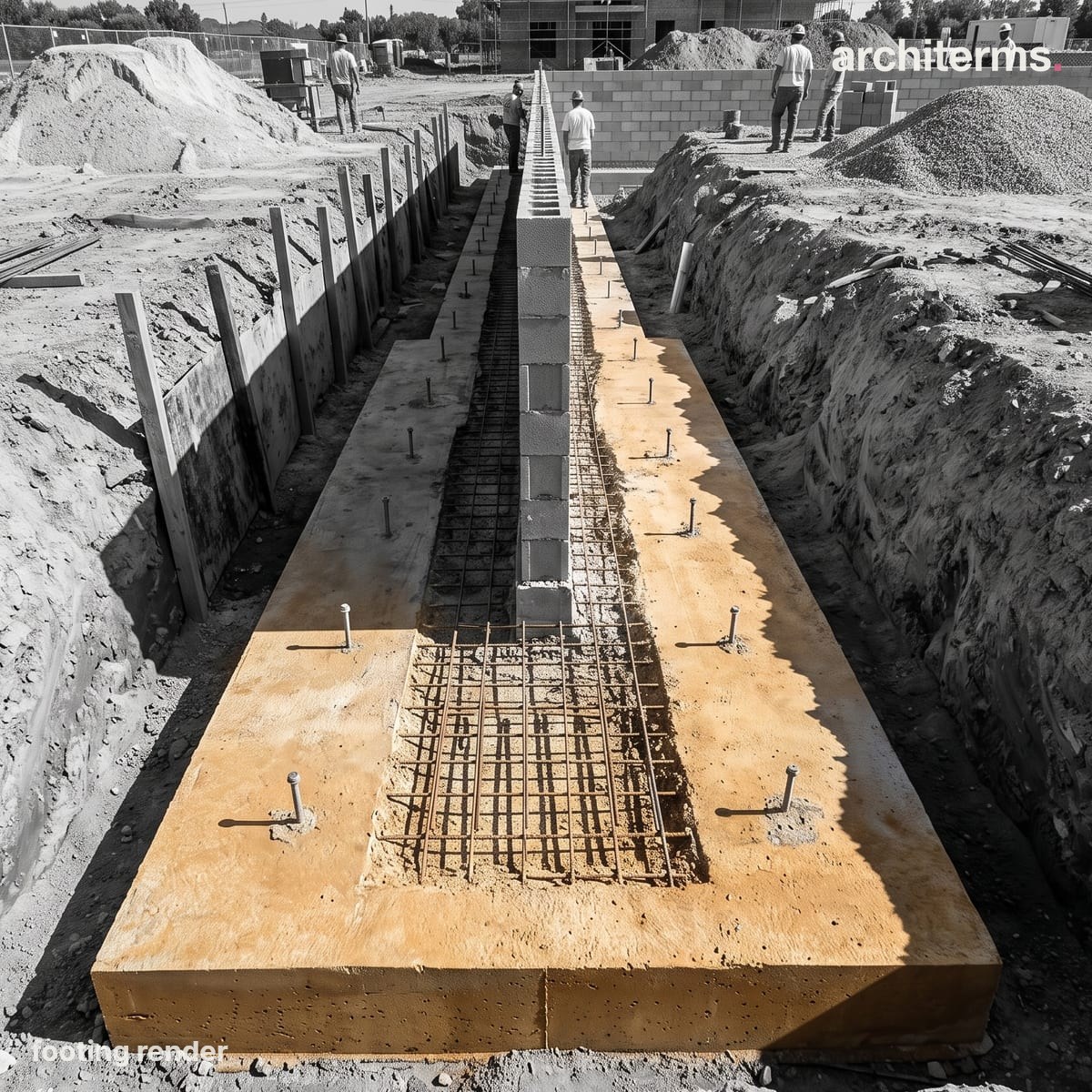 Photorealistic render of a stepped concrete footing exposed in a foundation trench, its widened base picked out in warm grey against the black-and-white soil and wall above